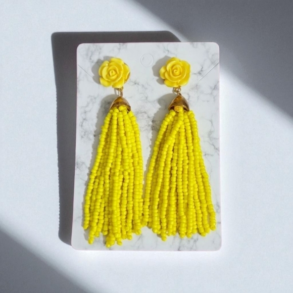 Yellow Rose Beaded Tassel Drop Earrings - Picture 1 of 14